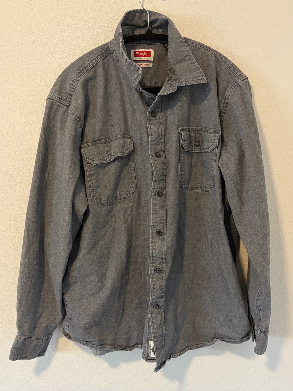 Wrangler Mens Large Flex For Comfort Washed Grey Canvas Workwear Overshirt